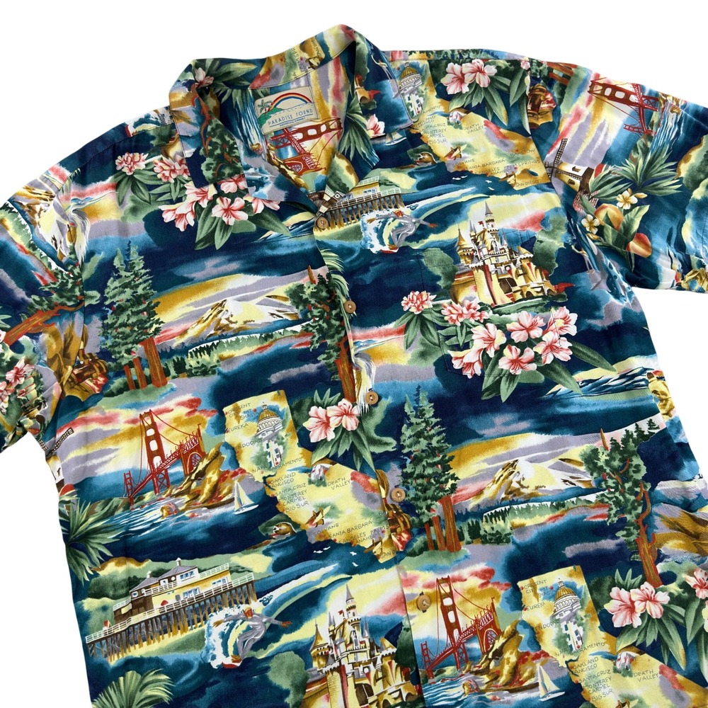 Paradise Found Mens California Postcard Hawaiian Shirt Golden Gate Castle XL